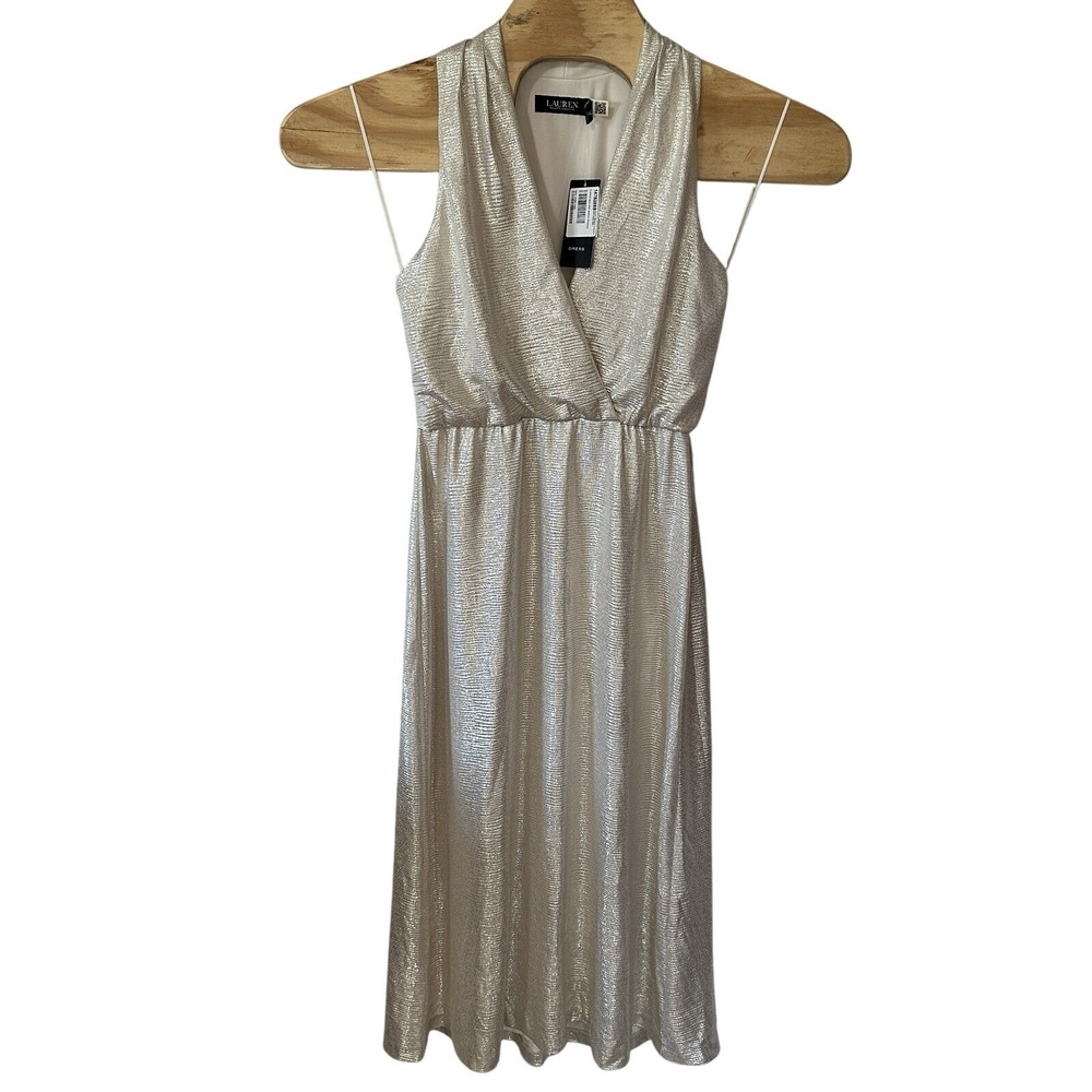 NEW Lauren Ralph Lauren Gold‎ Gown Cocktail Dress Party Metallic V-Neck Size 2